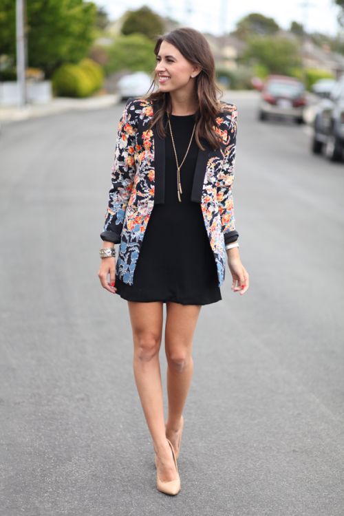 a little black dress, a floral blazer and nude heels