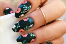 15 black matte nails with coral blooms look chic