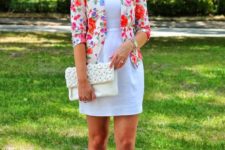16 a white mini dress, a bold floral blazer and floral ankle strap shoes