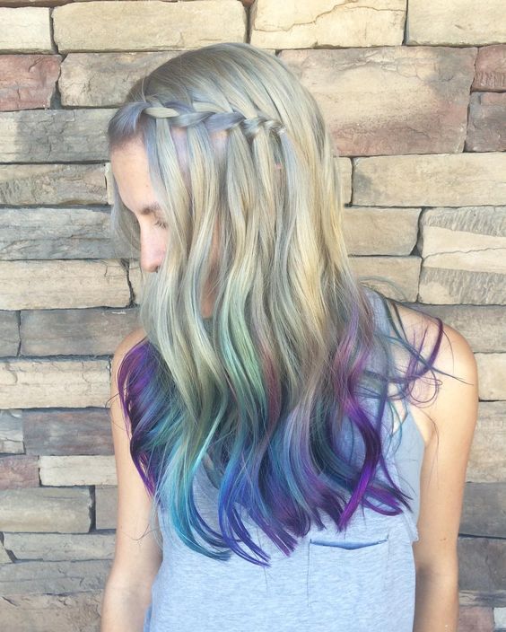 blonde hair with blue, purple and green locks