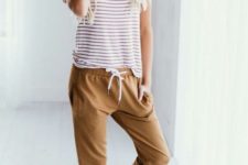 20 comfy ocher pants and a striped t-shirt