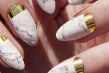 20 white marble nails with gold stickers