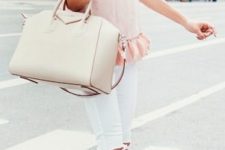 21 white ripped jeans, a blush ruffle top and nude shoes