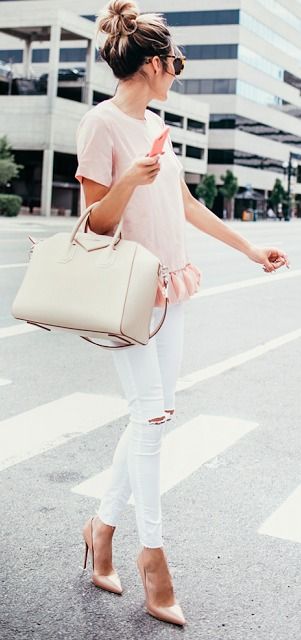white ripped jeans, a blush ruffle top and nude shoes