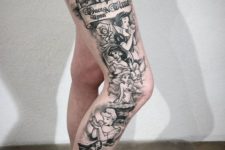 22 black ink leg tattoo with various Disney female characters and a castle