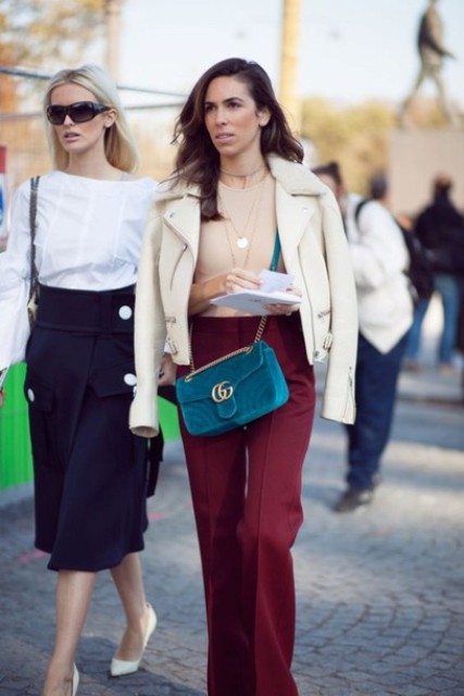 With beige shirt, marsala pants and white jacket
