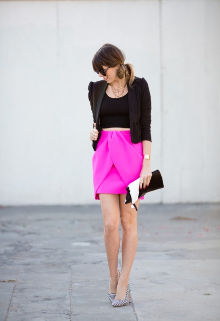 With black top, black crop blazer, striped shoes and black and white clutch