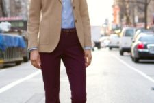 With blue shirt, beige blazer and marsala pants