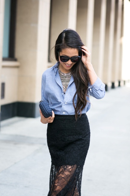 With button down shirt, statement necklace and mini clutch
