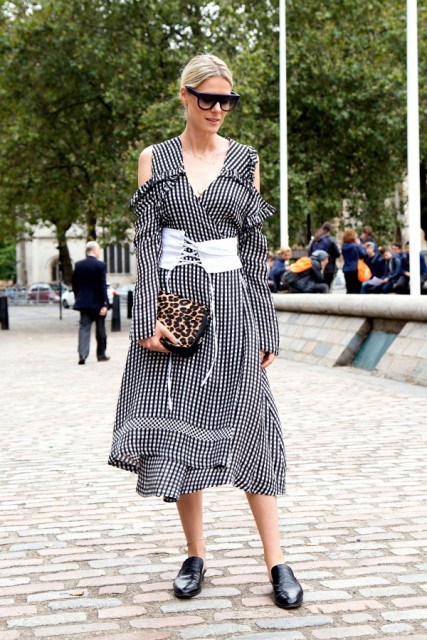 With checked midi dress, leopard clutch and black shoes