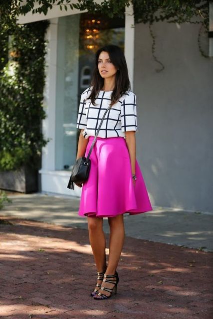 With checked shirt, black crossbody bag and black sandals