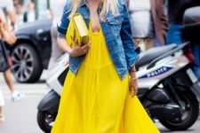 With denim jacket, yellow shoes and yellow bag