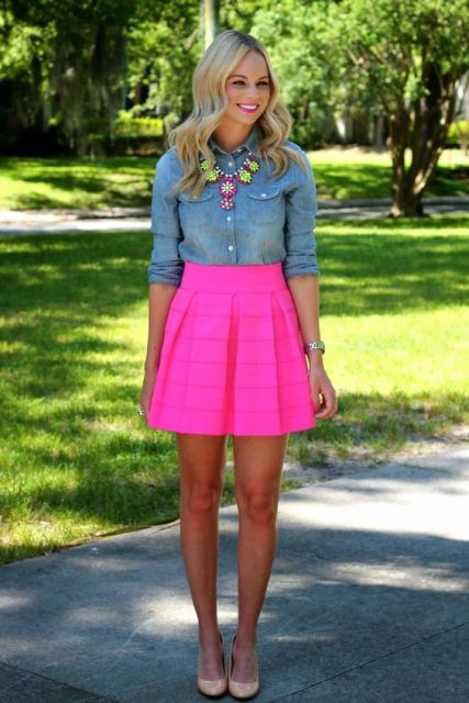 With denim shirt, statement necklace and beige shoes