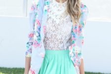 With lace blouse and floral blazer