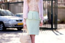 With lace blouse, pale pink jacket and metallic heels