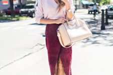 With light pink blouse, marsala pumps and pastel color bag