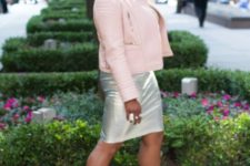 With metallic pencil skirt and neutral color pumps