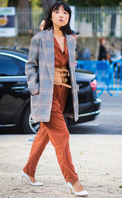With orange jumpsuit, checked long blazer and white pumps