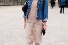 With pale pink sweatshirt, denim jacket, marsala shoes and small bag