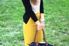 With polka dot shirt, black blazer and yellow pencil skirt