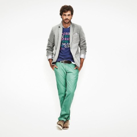With printed shirt, gray jacket and two color shoes
