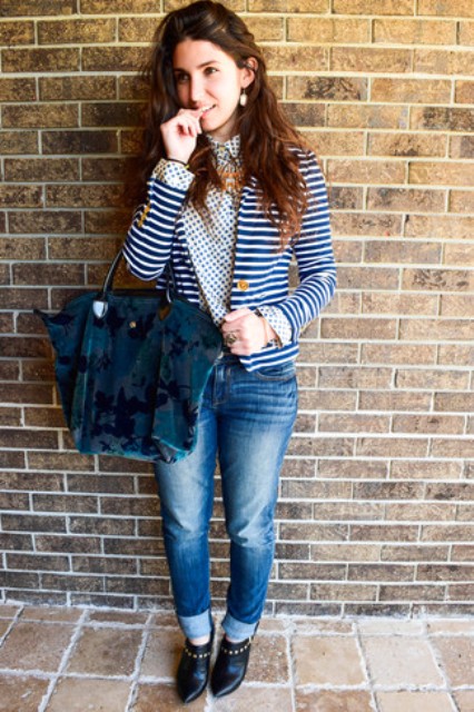 With printed shirt, striped jacket, cuffed jeans and black ankle boots