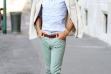 With shirt, white jacket and brown belt and shoes