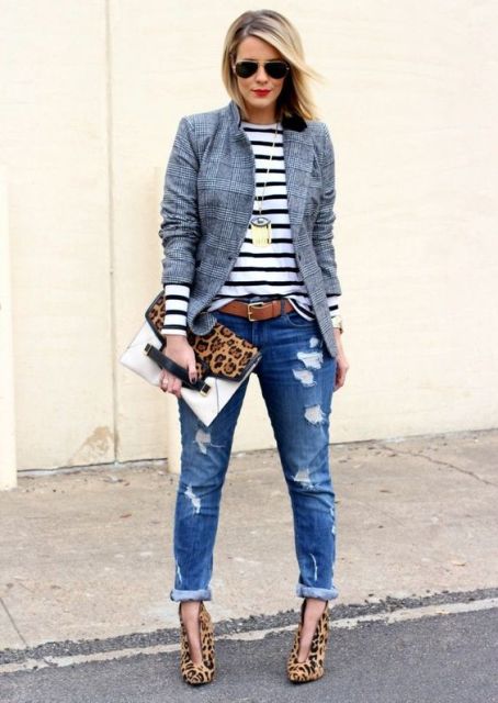 With striped shirt, printed jacket, jeans, brown belt and leopard print clutch
