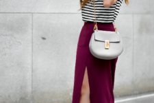 With striped top, gray crossbody bag and black sandals