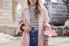 With striped turtleneck, jeans and pale pink trench coat