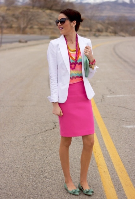 With white blazer, printed shirt and mint green flats