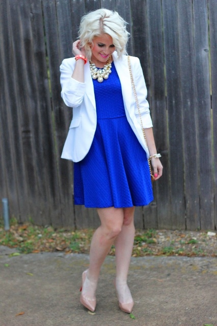 With white blazer, statement necklace and beige shoes