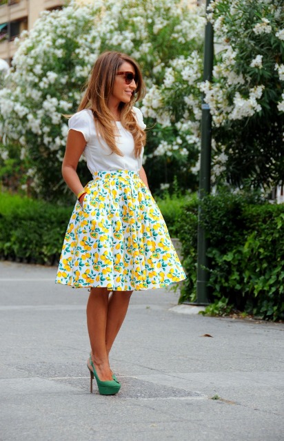 With white blouse and colorful A-line skirt