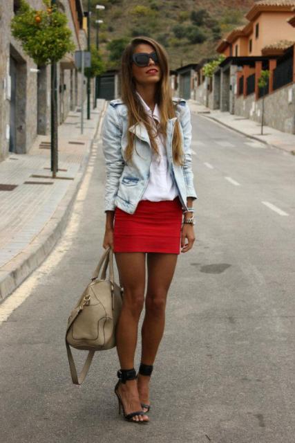 With white blouse, light blue jacket, black heels and beige bag