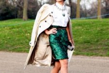 With white blouse, sequin skirt and trench coat