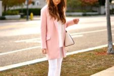 With white blouse, skinny pants, beige shoes and bag