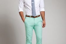 With white button down shirt, printed tie and brown shoes