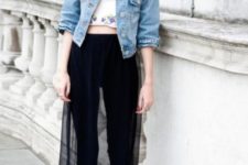 With white crop top, denim jacket, black skinny pants (or leggings) and boots