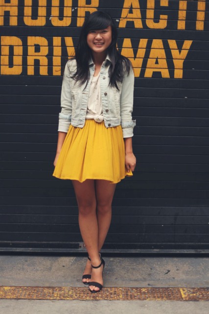 yellow jean skirt and jacket