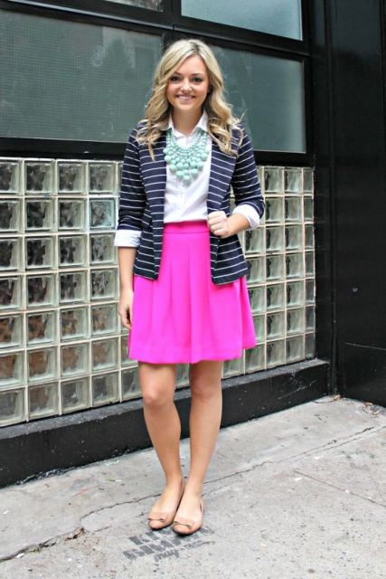 With white shirt, mint necklace, striped jacket and flats