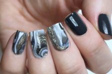 black and agate-inspired grey and white nails