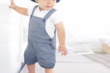 02 a white polo shirt and a blue gingham overall is comfy for little boys