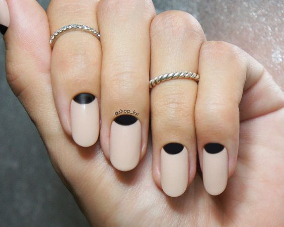 neutral nails with black half moon details can be suitable for work