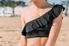 03 one shoulder ruffled blakc bikini is a comfy and trendy choice