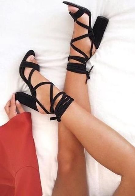 black suede lace up heeled sandals