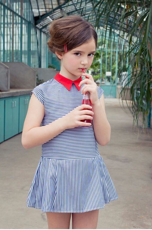 chic thin striped dress with cap sleeves and a red collar