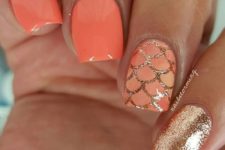 06 orange nails and an accent nail with fish scale gold glitter decor