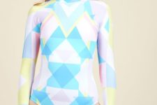 07 bold neon geo print long sleeve swimsuit for surfing