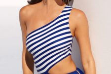 10 blue and white one piece swimsuit striped top and a solid bottom