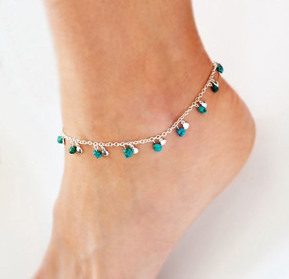 cute delicate chain anklet with silver and emerald beads